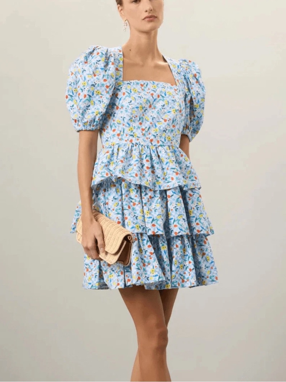 Hunter Bell Floral Puff Sleeve Tiered Mini Dress Size 8 Blue Multicolor